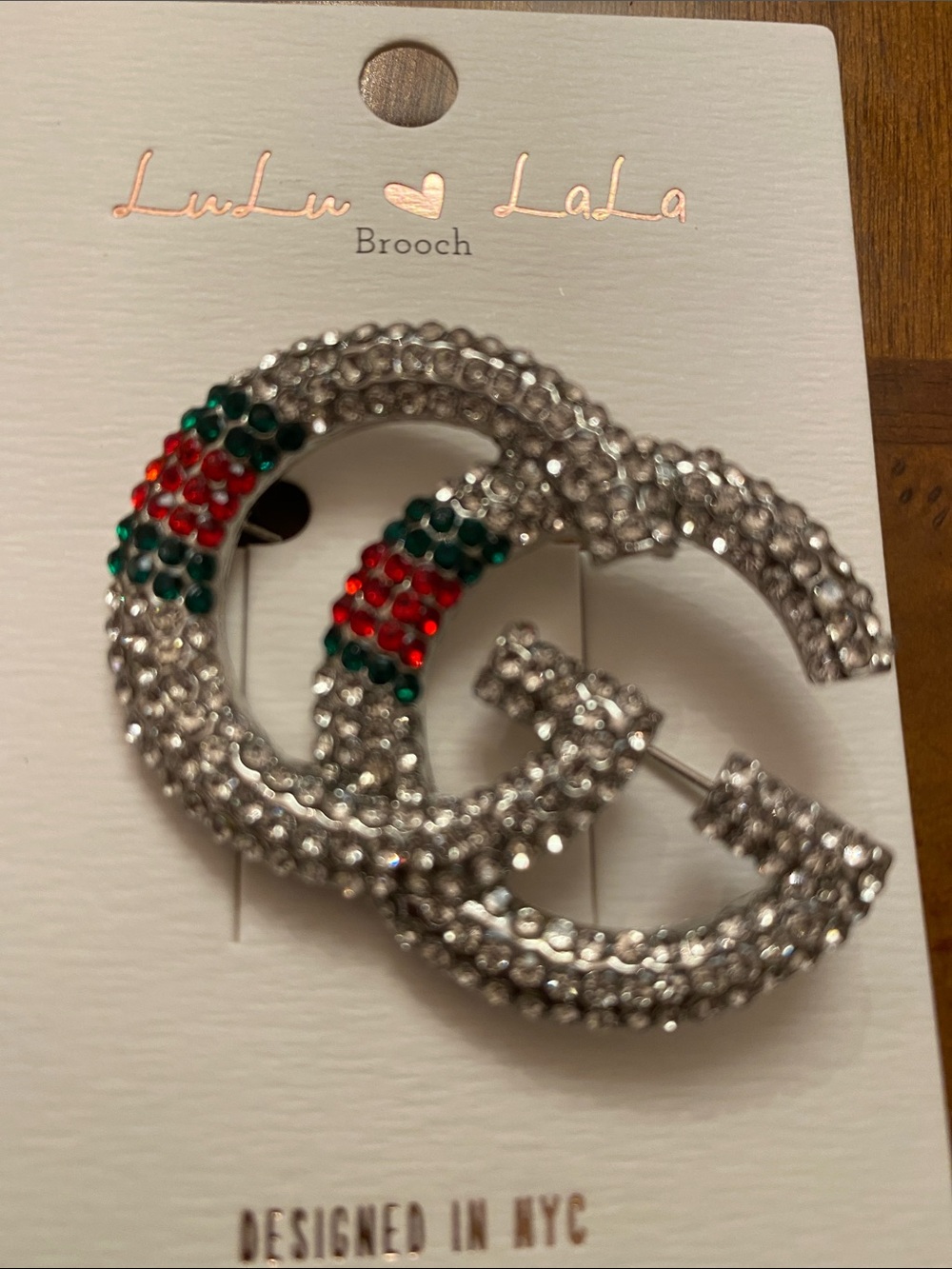 Lulu LaLa Silver Crystal Double-C Brooch with Red & Green Accents